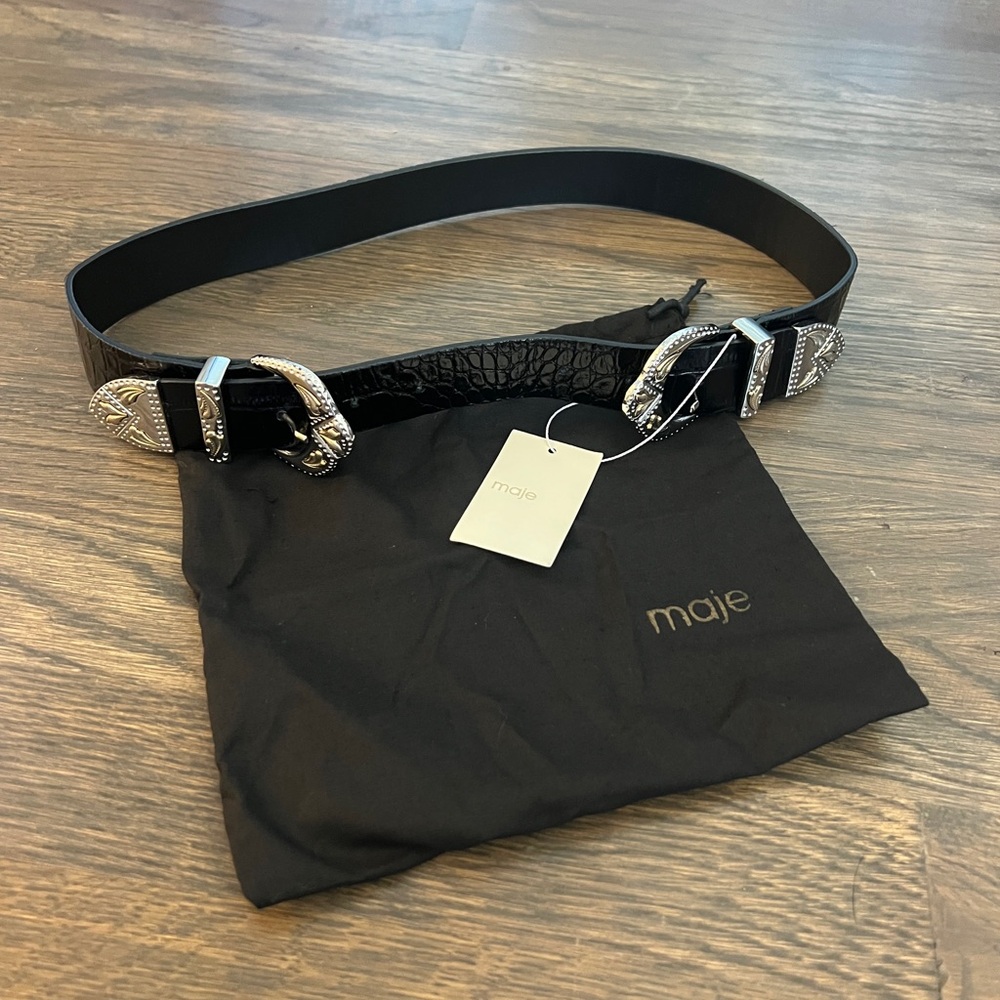 MAJE NWT Double Buckle Western Leather Belt w/ Dust Bag Sz 2